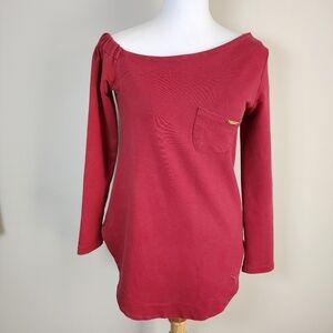 Off Shoulder Cotton Shirt Womens Small Red Top Asymmetric Long Sleeve  Boat Neck